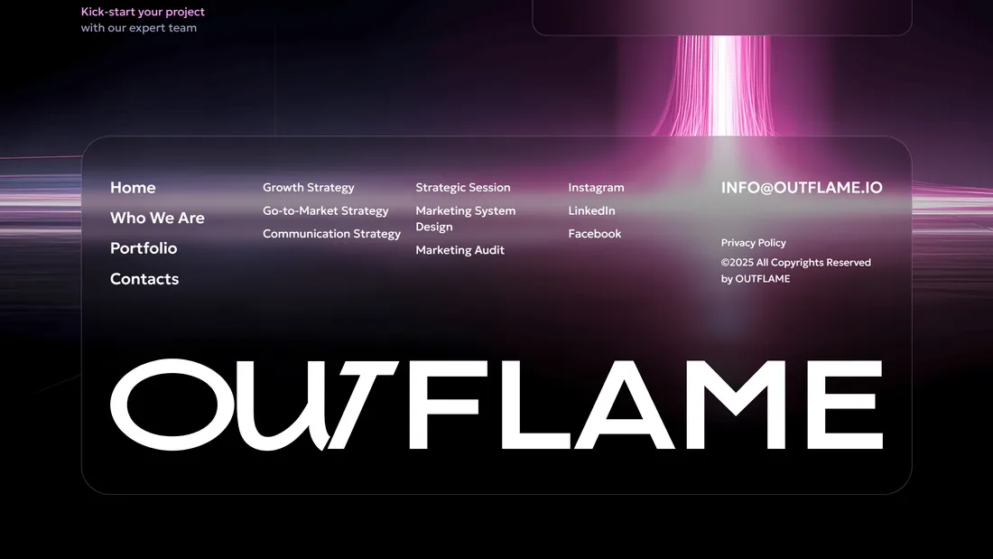 Секция «Футер» с сайта https://launch.outflame.io/, тематика — Бизнес и профессиональные услуги, цвета — Черный, Серый, стиль — Корпоративный, типографика — Без засечек