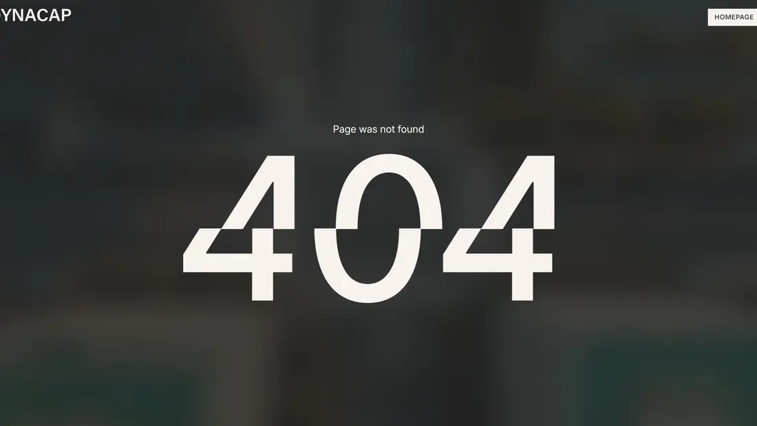 404-страница DYNACAP, тематика — Бизнес и профессиональные услуги, цвета — Черный, стиль — Минимализм, типографика — Без засечек