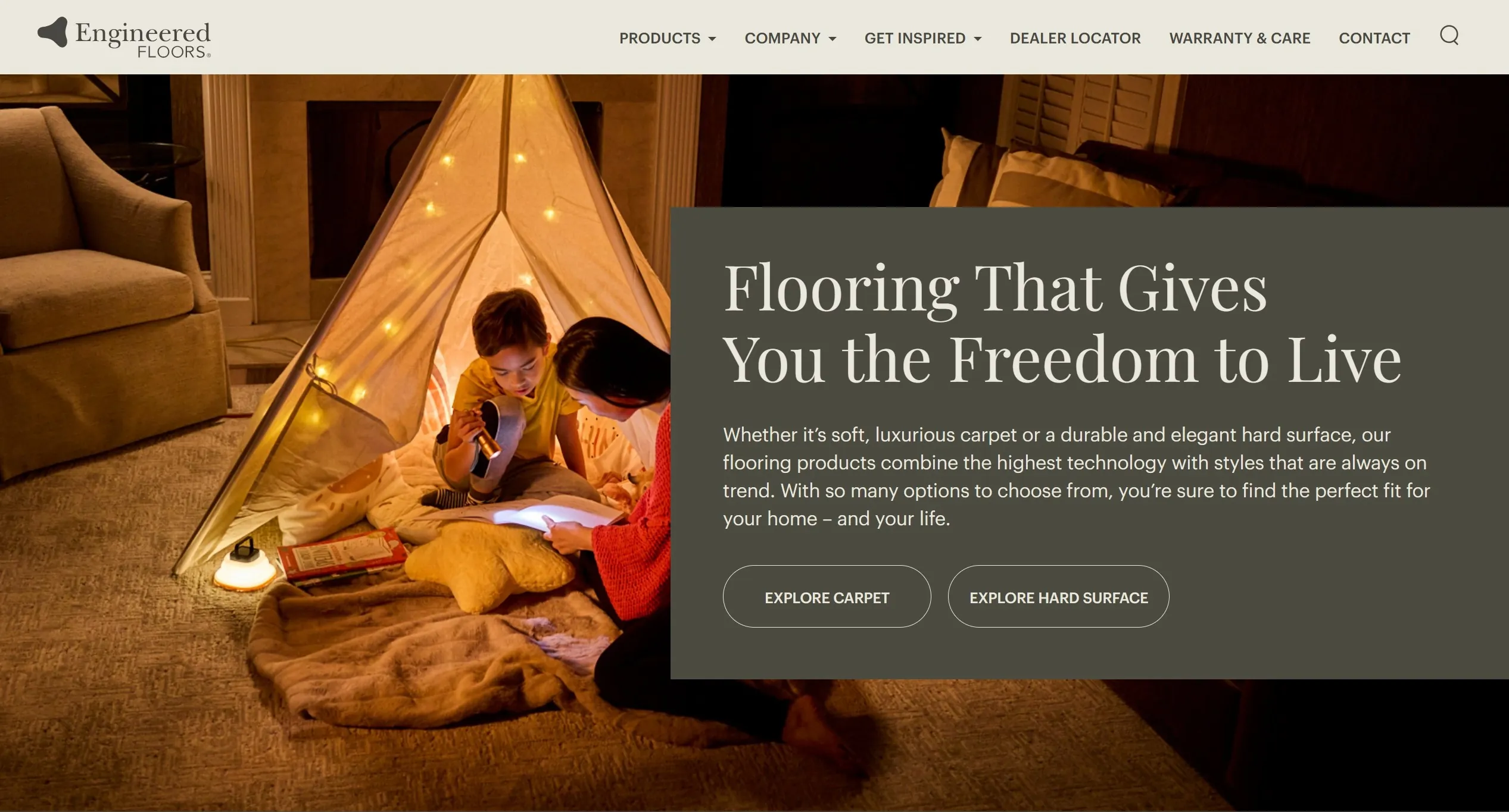 Engineered Floors Секция «Первый экран» с сайта https://www.engineeredfloors.com/, тематика — Строительство, Производство, цвета — Черный, Коричневый, стиль — Корпоративный, типографика — Без засечек