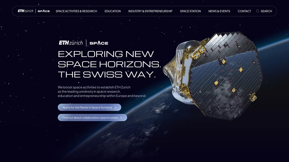 Секция «Первый экран» с сайта https://space.ethz.ch/, тематика — Образование, цвета — Черный, стиль — Корпоративный, Минимализм, типографика — Без засечек