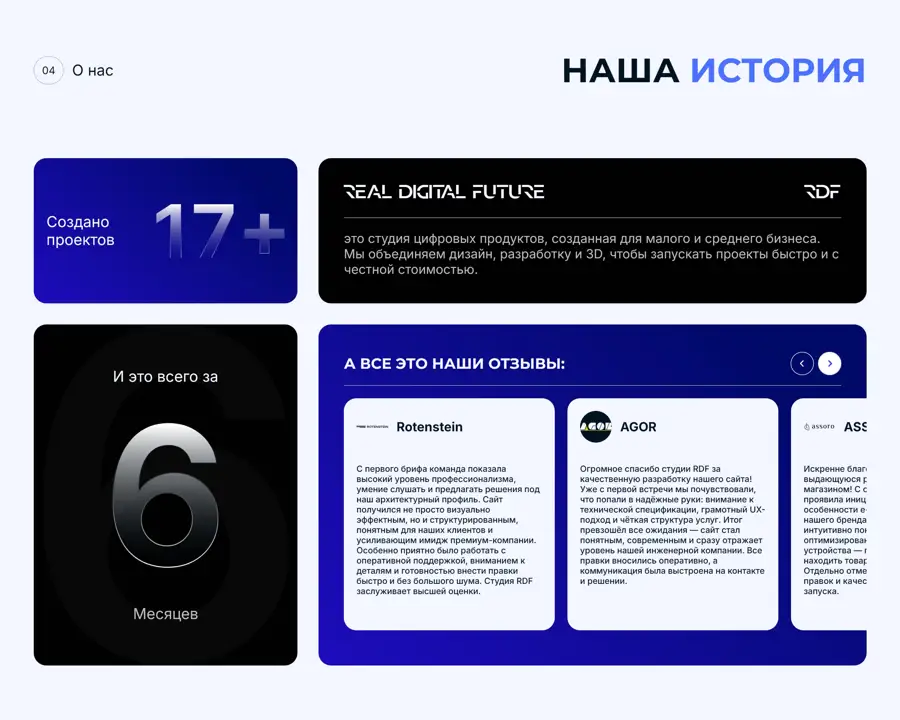 Секция «Отзывы» с сайта https://realdigitalfuture.com/, тематика — IT и программное обеспечение, цвета — Белый, Черный, стиль — Корпоративный, Карточный, типографика — Без засечек, Декоративные