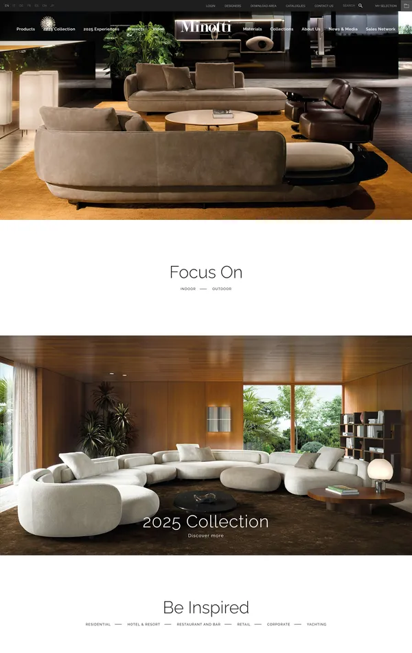 Главная Minotti, тематика — Дизайн, цвета — Белый, Черный, Серый, Коричневый, стиль — Корпоративный, Минимализм, типографика — Без засечек