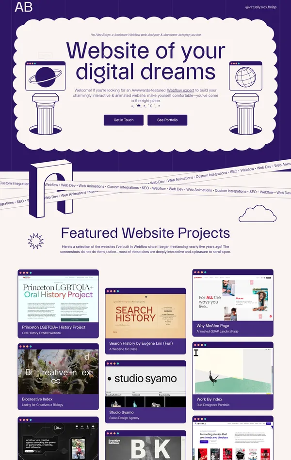 Лендинг Alex Beige Web Dev, тематика — Дизайн, цвета — Белый, Черный, Серый, стиль — Типографика, типографика — Без засечек