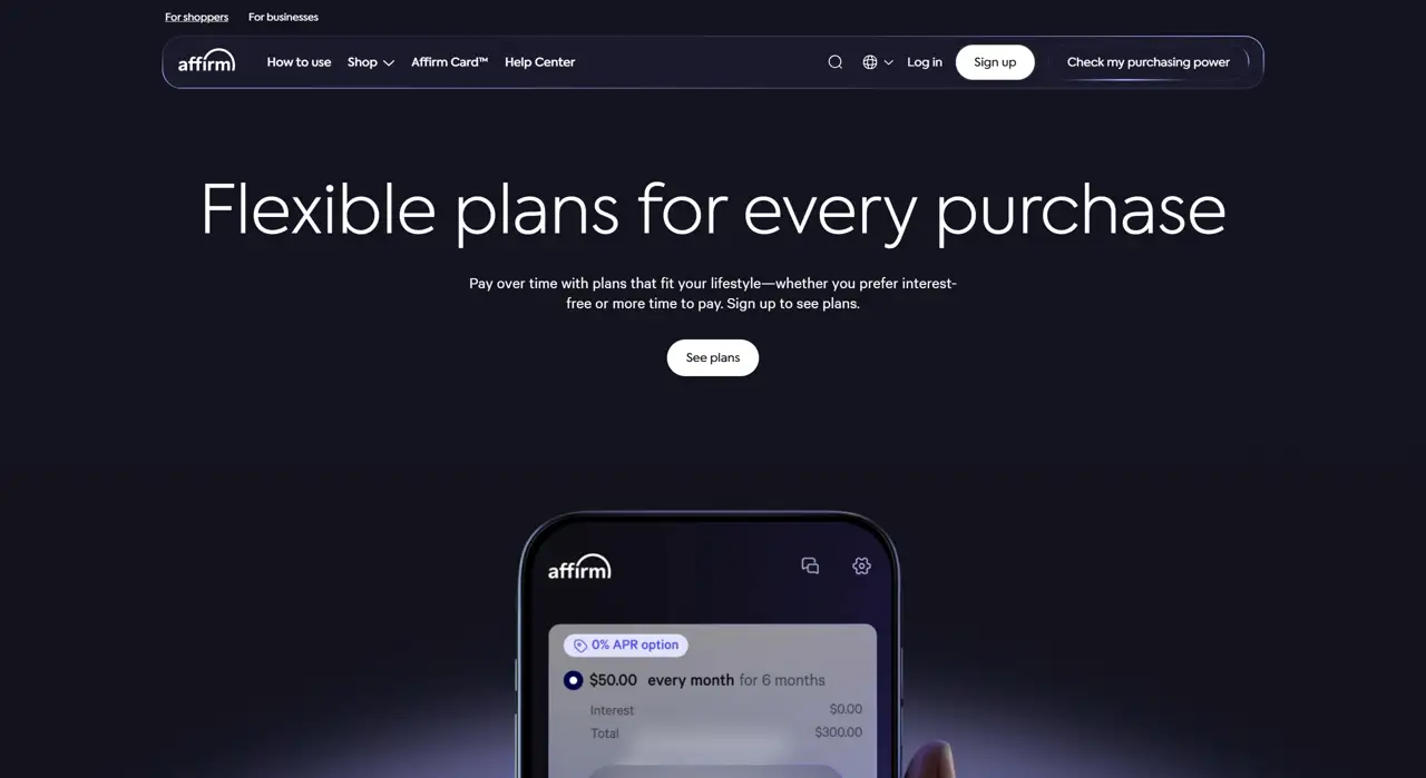 Секция «Первый экран» с сайта https://www.affirm.com/, тематика — Финансы, цвета — Черный, стиль — Корпоративный, Минимализм, типографика — Без засечек