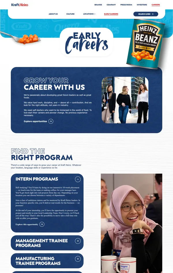 Страница карьеры Kraft Heinz, тематика — Еда и напитки, цвета — Белый, Черный, Серый, стиль — Корпоративный, типографика — Без засечек