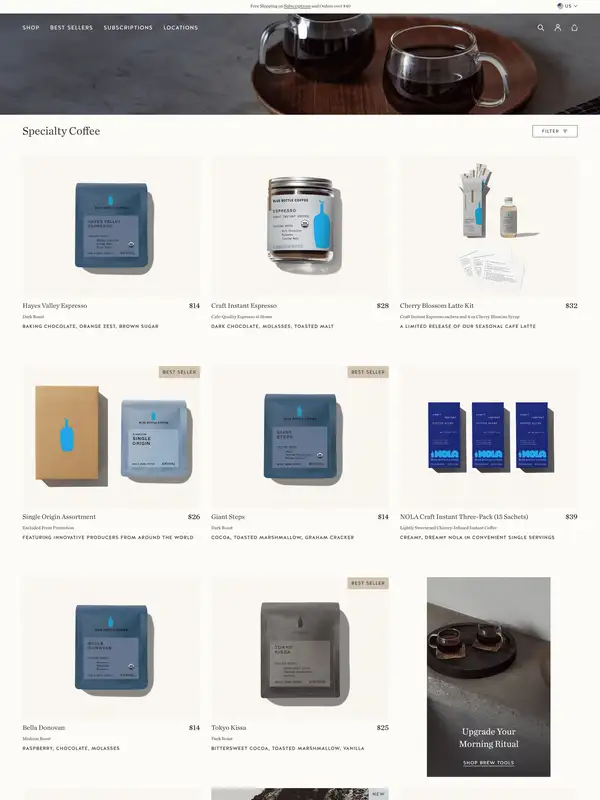 Каталог Blue Bottle Coffee, тематика — Еда и напитки, цвета — Белый, Серый, стиль — Карточный, Минимализм, типографика — Без засечек
