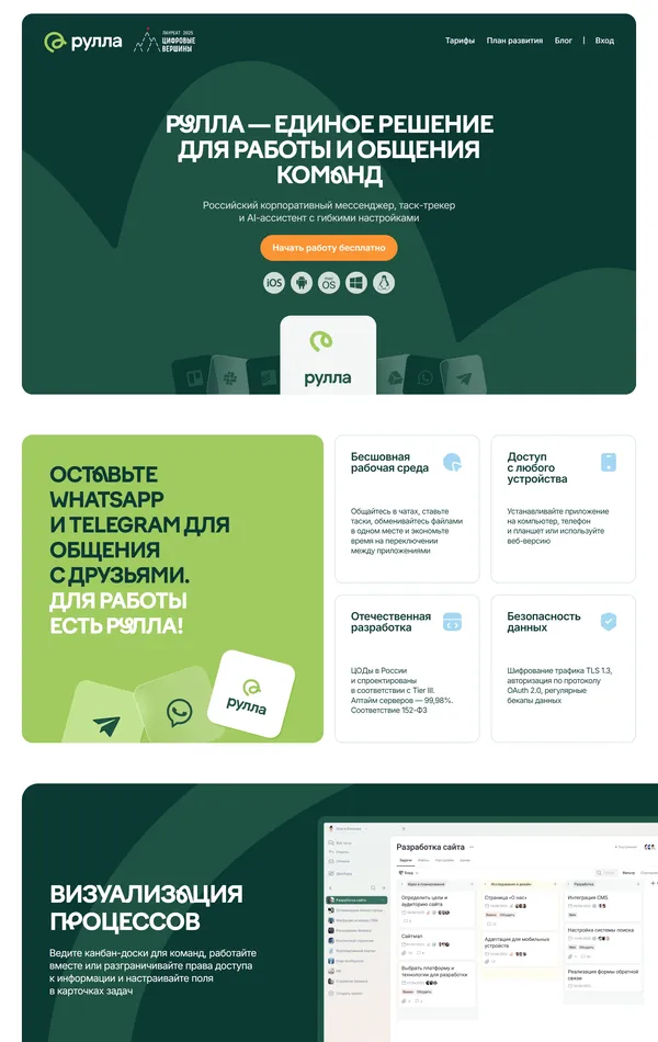 Лендинг Рулла, тематика — IT и программное обеспечение, SaaS, цвета — Белый, Зеленый, стиль — Плоский, Корпоративный, Карточный, типографика — Без засечек