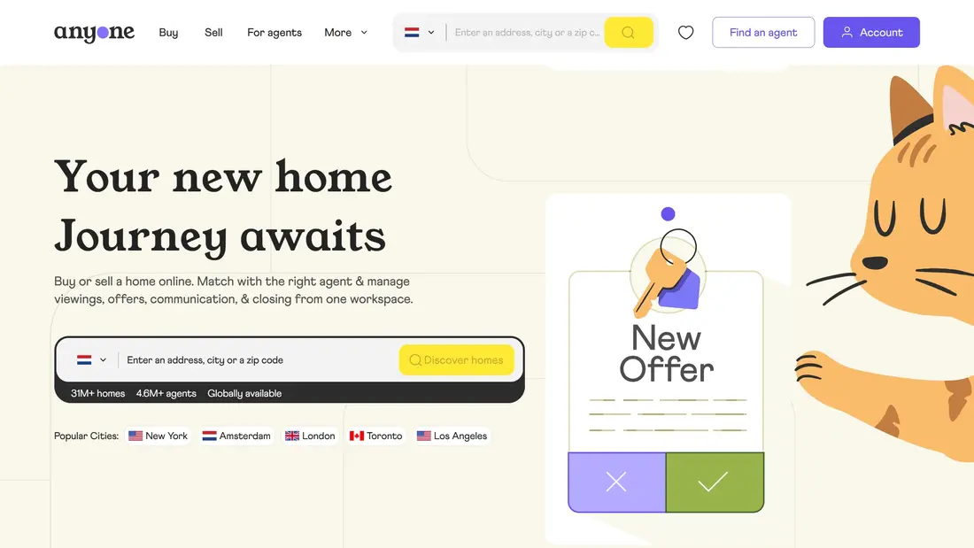 Секция «Первый экран» с сайта https://anyone.com/, тематика — Недвижимость, цвета — Белый, стиль — Корпоративный, типографика — Без засечек