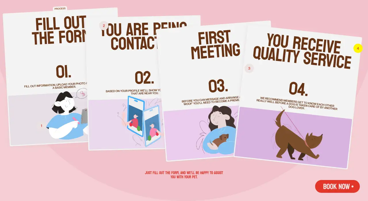 Секция «Этапы» с сайта https://dontboardme.com/, тематика — Домашние животные, цвета — Белый, Серый, стиль — Рисованный, Карточный, типографика — Без засечек, Декоративные