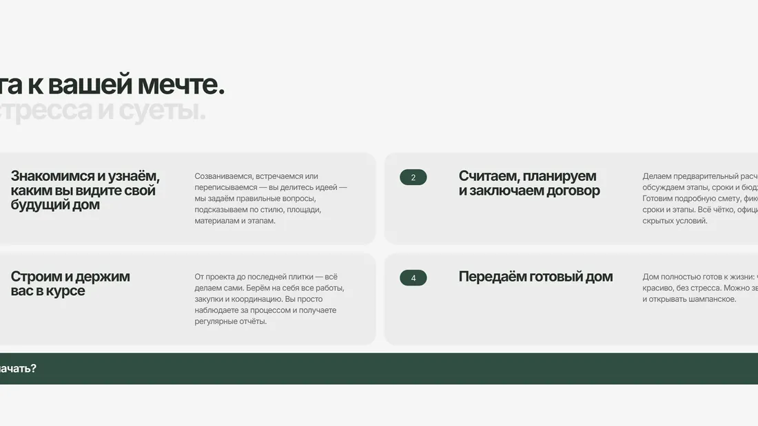 Секция «Этапы» с сайта https://easybuild.by/, тематика — Строительство, цвета — Белый, Зеленый, стиль — Корпоративный, Минимализм, типографика — Без засечек