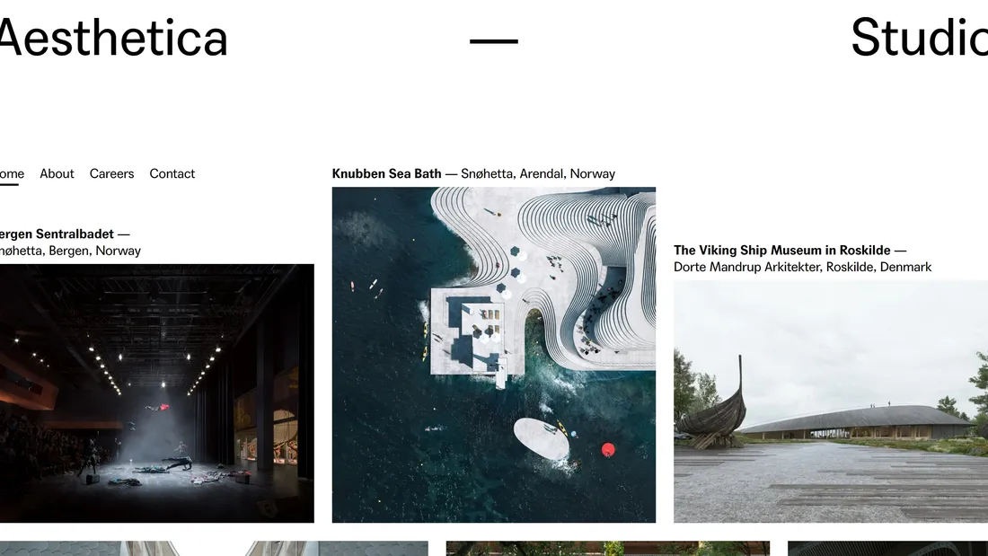 Секция «Кейсы» с сайта https://aesthetica.studio/, тематика — Дизайн, цвета — Белый, Черный, Серый, стиль — Минимализм, типографика — Без засечек