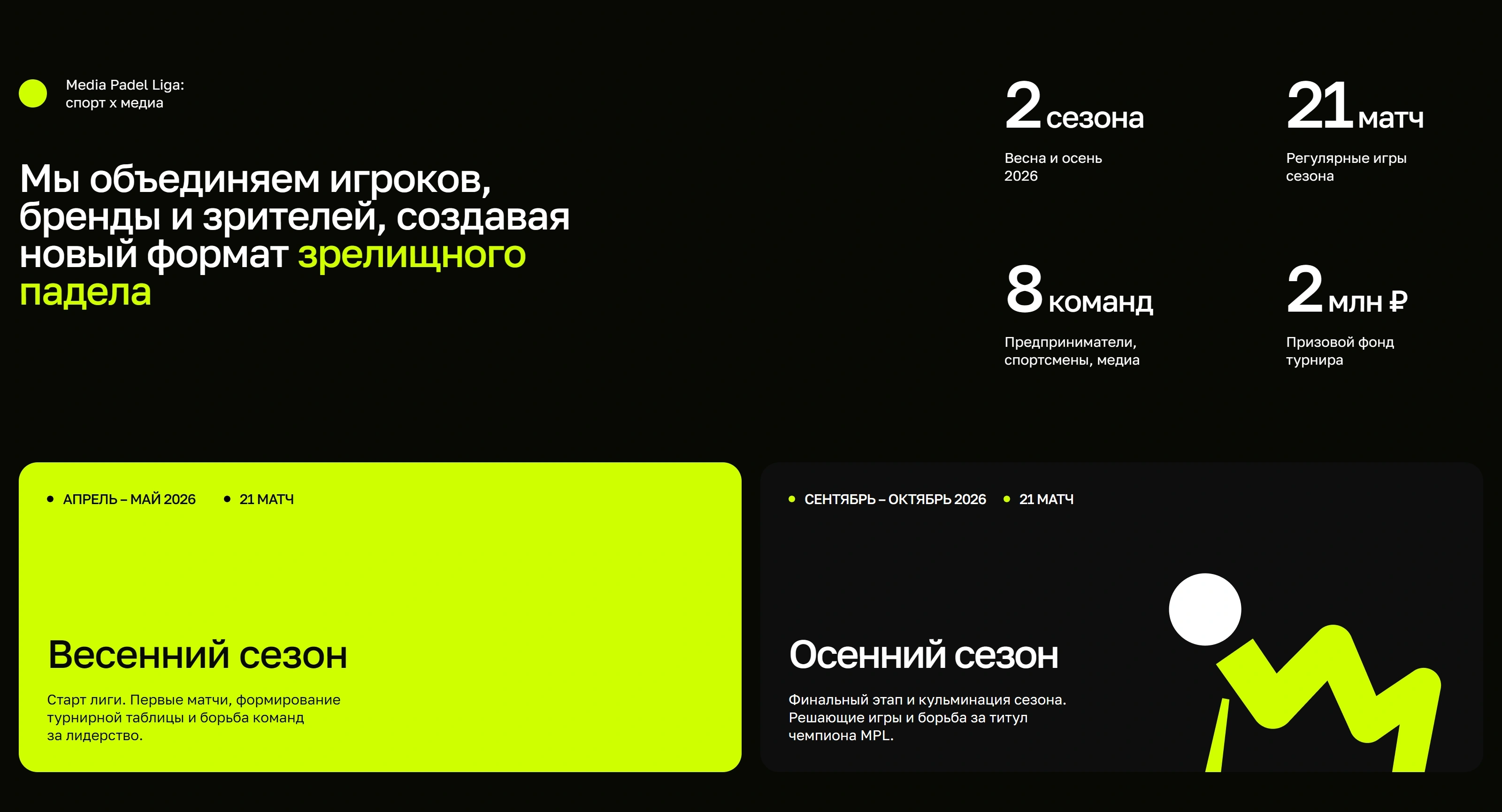 Media Padel Liga Секция «Первый экран» с сайта https://mediapadelliga.ru/, тематика — Медиа, цвета — Черный, Оранжевый, стиль — Минимализм, типографика — Без засечек