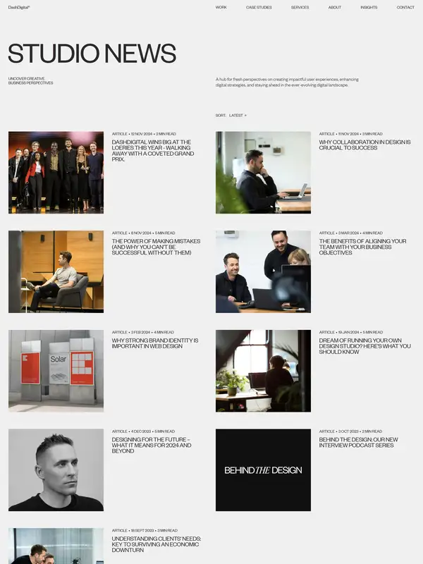 Новости Dash Digital Studio, тематика — Дизайн, цвета — Белый, Серый, стиль — Корпоративный, Минимализм, типографика — Без засечек
