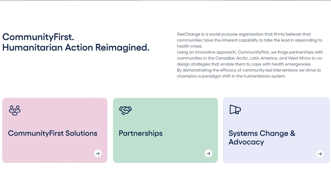 Секция «О компании» с сайта https://www.seechangeinitiative.org/, тематика — Некоммерческая деятельность, цвета — Белый, стиль — Корпоративный, Минимализм, типографика — Без засечек