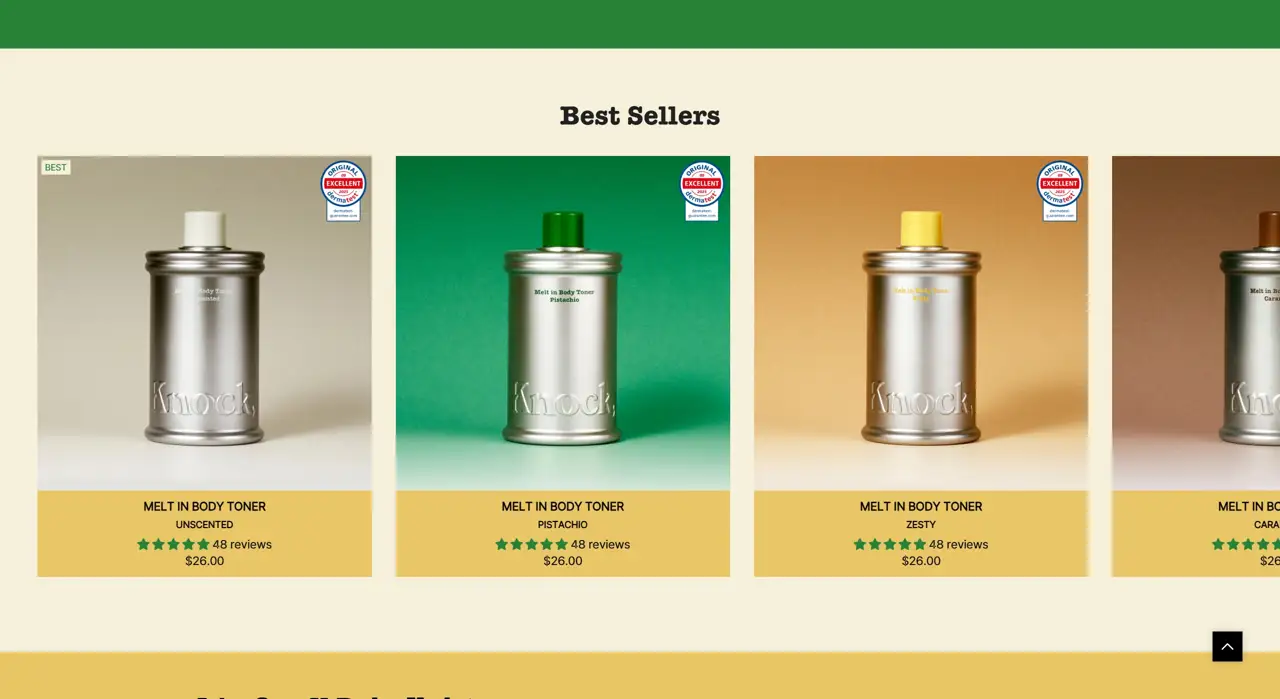 Секция «Товары» с сайта https://us.knockofficial.com/, тематика — Интернет-магазин, Красота, цвета — Белый, Серый, Желтый, стиль — Минимализм, типографика — Без засечек, Декоративные