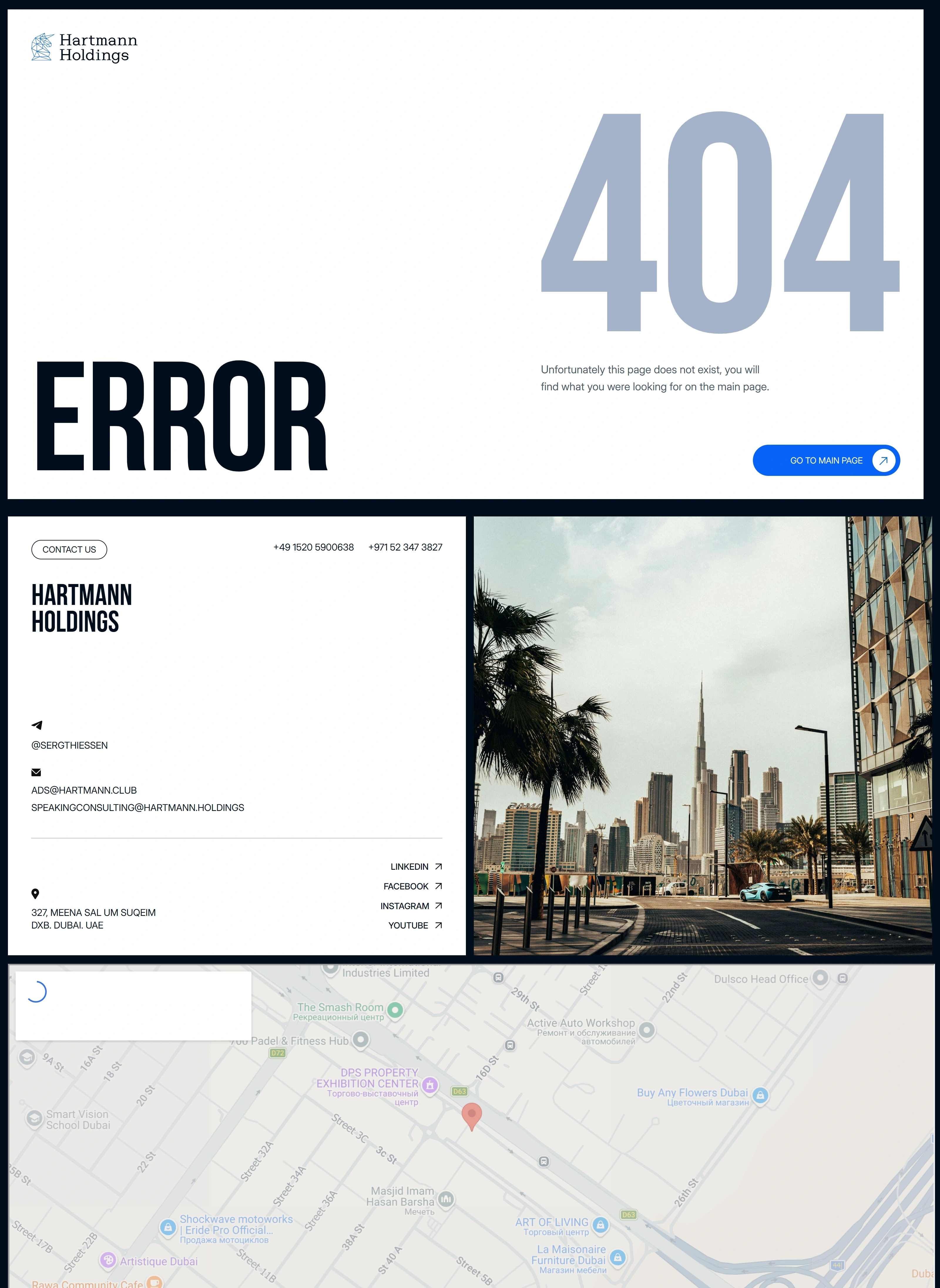 Hartmann Holdings 404-страница Hartmann Holdings, тематика — Другое, цвета — Белый, Серый, стиль — Корпоративный, Минимализм, типографика — Без засечек, Декоративные