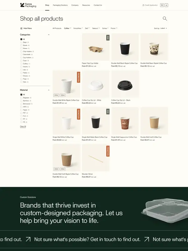 Каталог Yucca Packaging, тематика — Еда и напитки, цвета — Белый, Черный, стиль — Минимализм, типографика — Без засечек