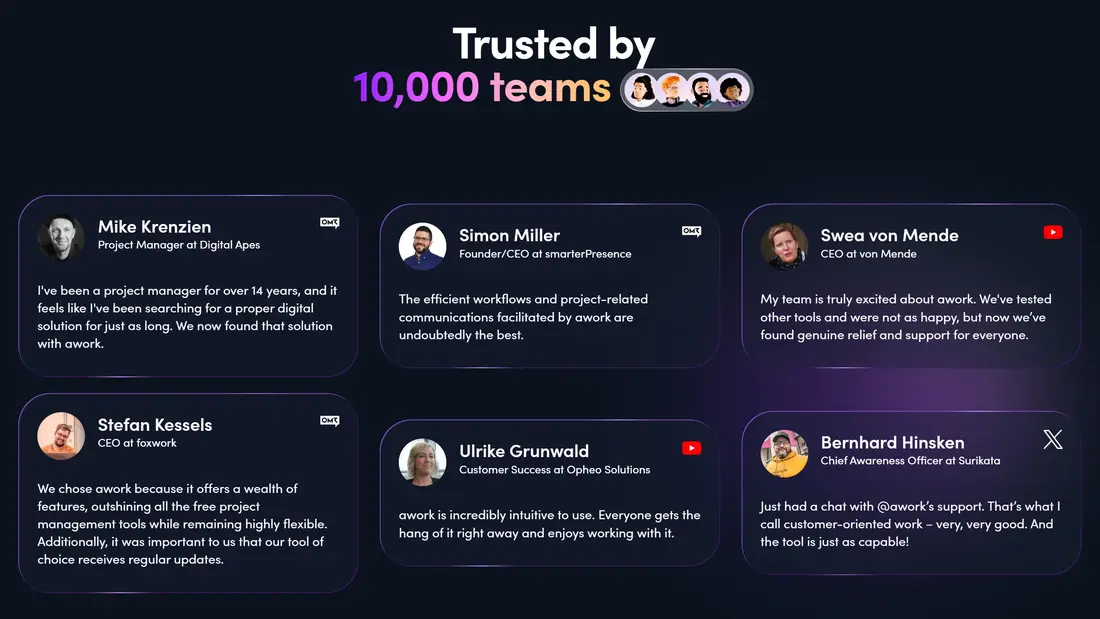 Секция «Отзывы» с сайта https://www.awork.com/, тематика — IT и программное обеспечение, цвета — Черный, стиль — Корпоративный, типографика — Без засечек