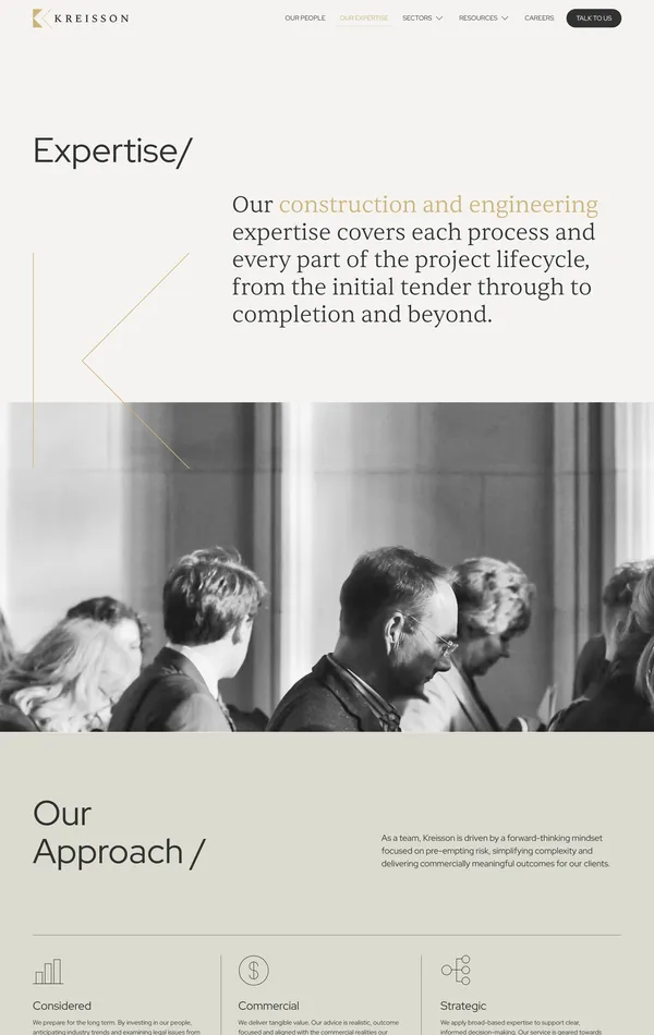 Страница о компании Kreisson, тематика — Строительство, цвета — Белый, Серый, стиль — Корпоративный, Минимализм, типографика — Без засечек