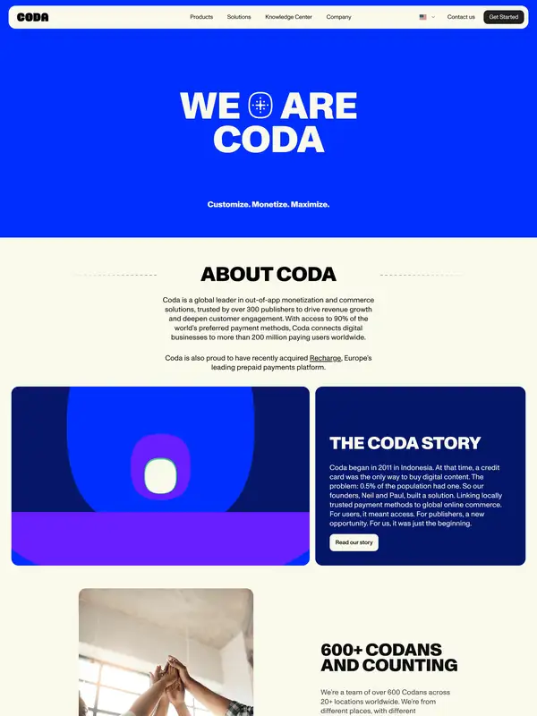 Страница о компании Coda, тематика — SaaS, цвета — Белый, Серый, Синий, стиль — Корпоративный, Минимализм, типографика — Без засечек, Декоративные