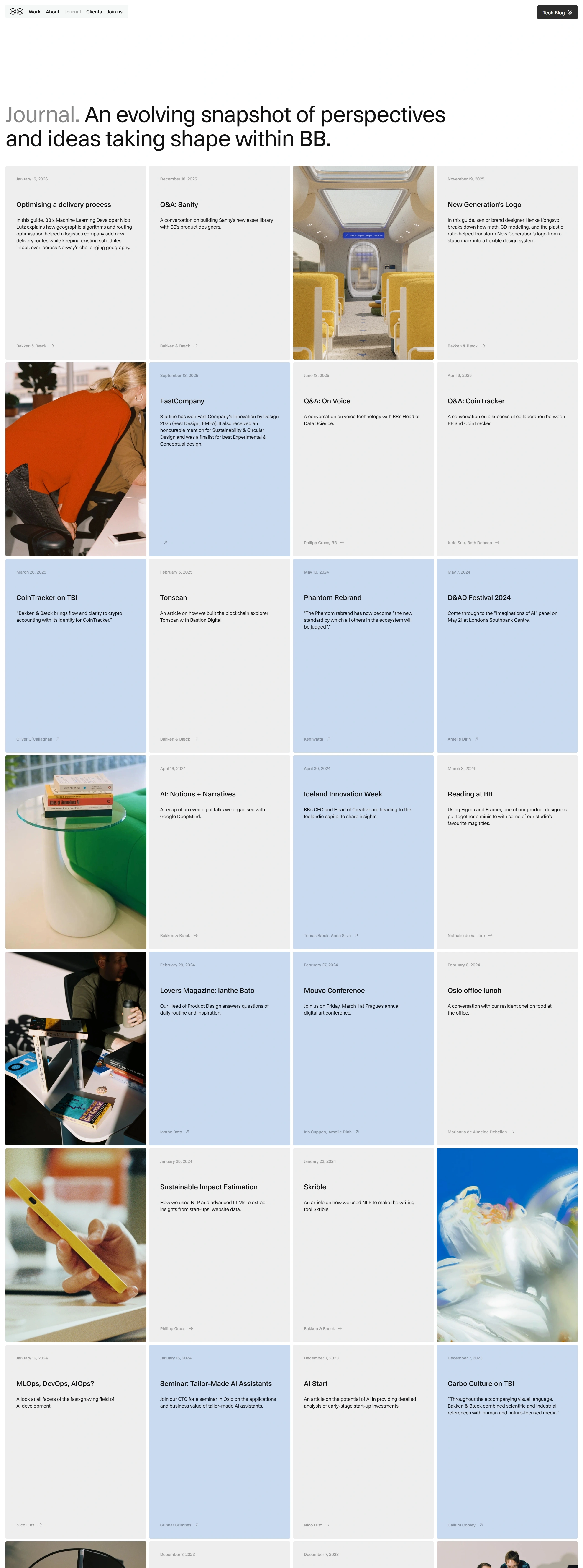 Bakken & Bæck Блог Bakken & Bæck, тематика — Дизайн, цвета — Белый, Серый, стиль — Карточный, Минимализм, типографика — Без засечек