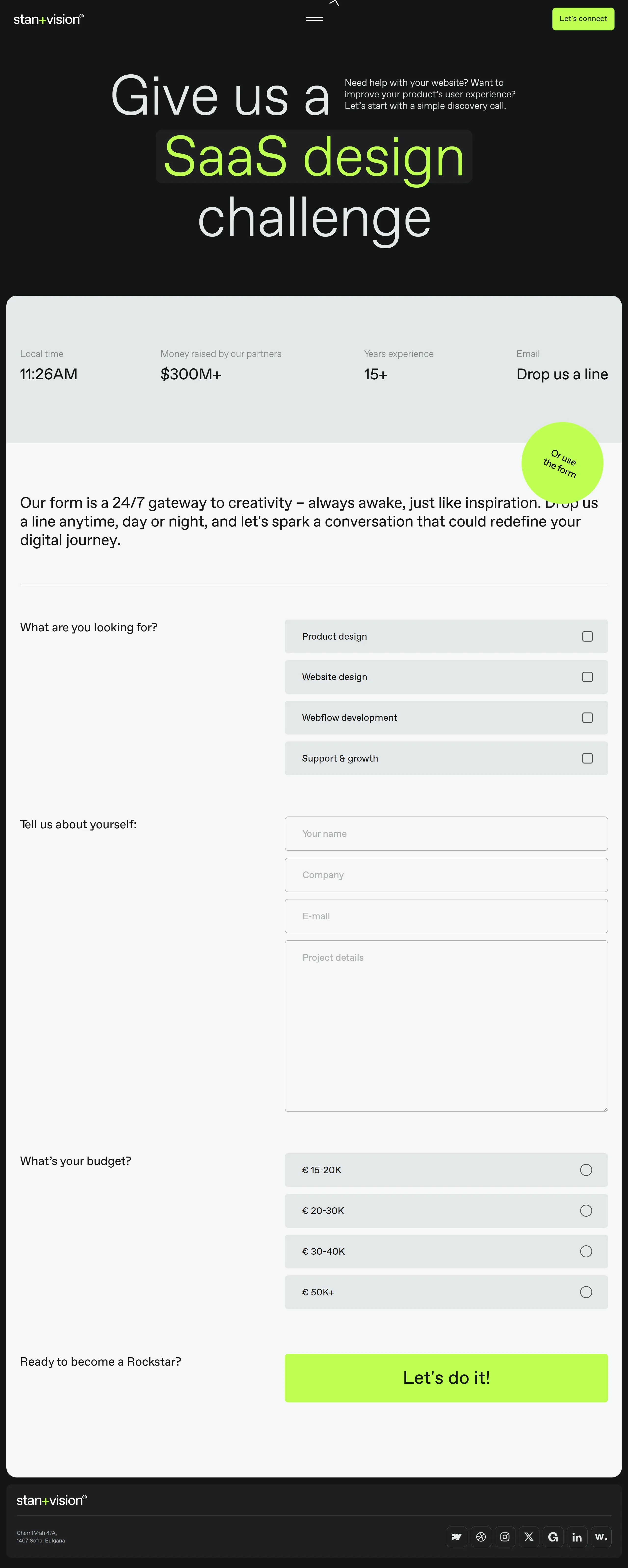 StanVision Контакты StanVision, тематика — Дизайн, SaaS, цвета — Белый, Черный, стиль — Минимализм, Типографика, типографика — Без засечек