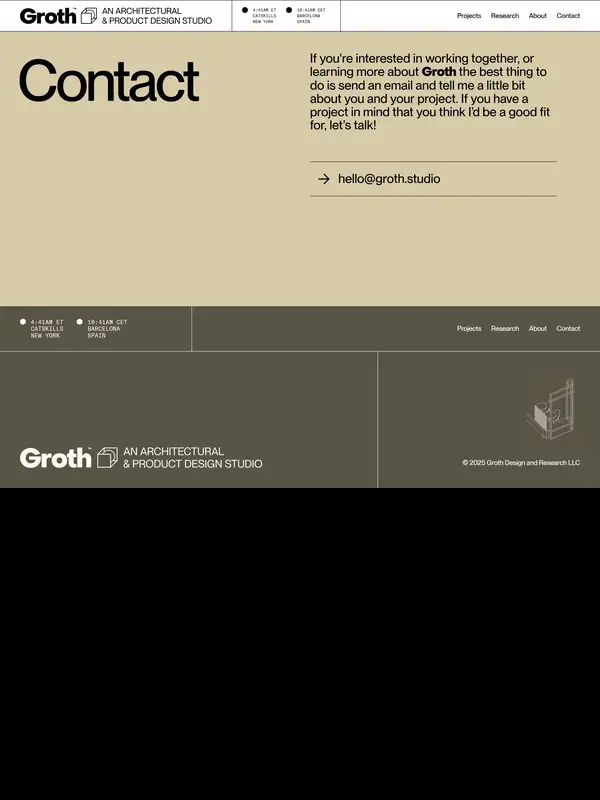 Контакты Groth Studio, тематика — Дизайн, цвета — Белый, Серый, Коричневый, стиль — Минимализм, типографика — Без засечек