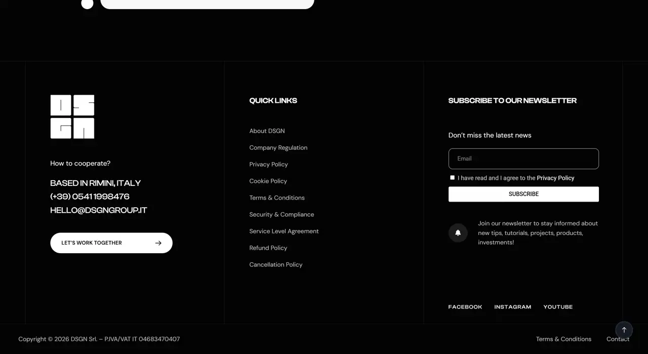Секция «Футер» с сайта https://dsgngroup.it/, тематика — Дизайн, цвета — Черный, стиль — Минимализм, типографика — Без засечек
