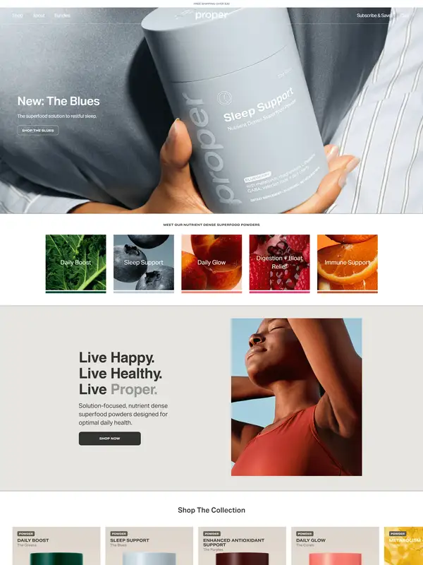 Продукт Proper Health, тематика — Здоровье и фитнес, цвета — Белый, Серый, стиль — Минимализм, Органический и природный, типографика — Без засечек