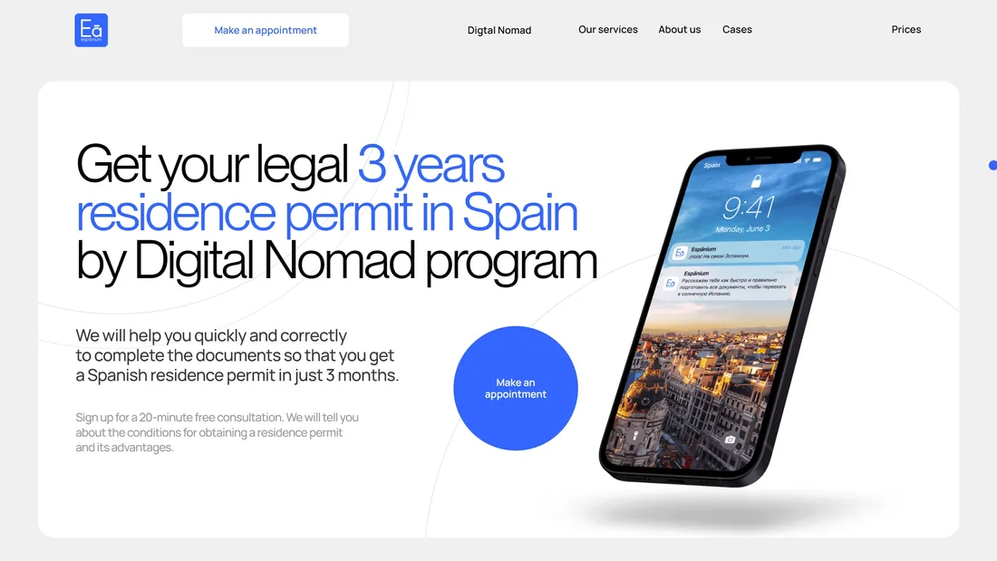 Секция «Первый экран» с сайта https://espanium.com/en, тематика — Путешествия и туризм, цвета — Белый, стиль — Корпоративный, Минимализм, типографика — Без засечек