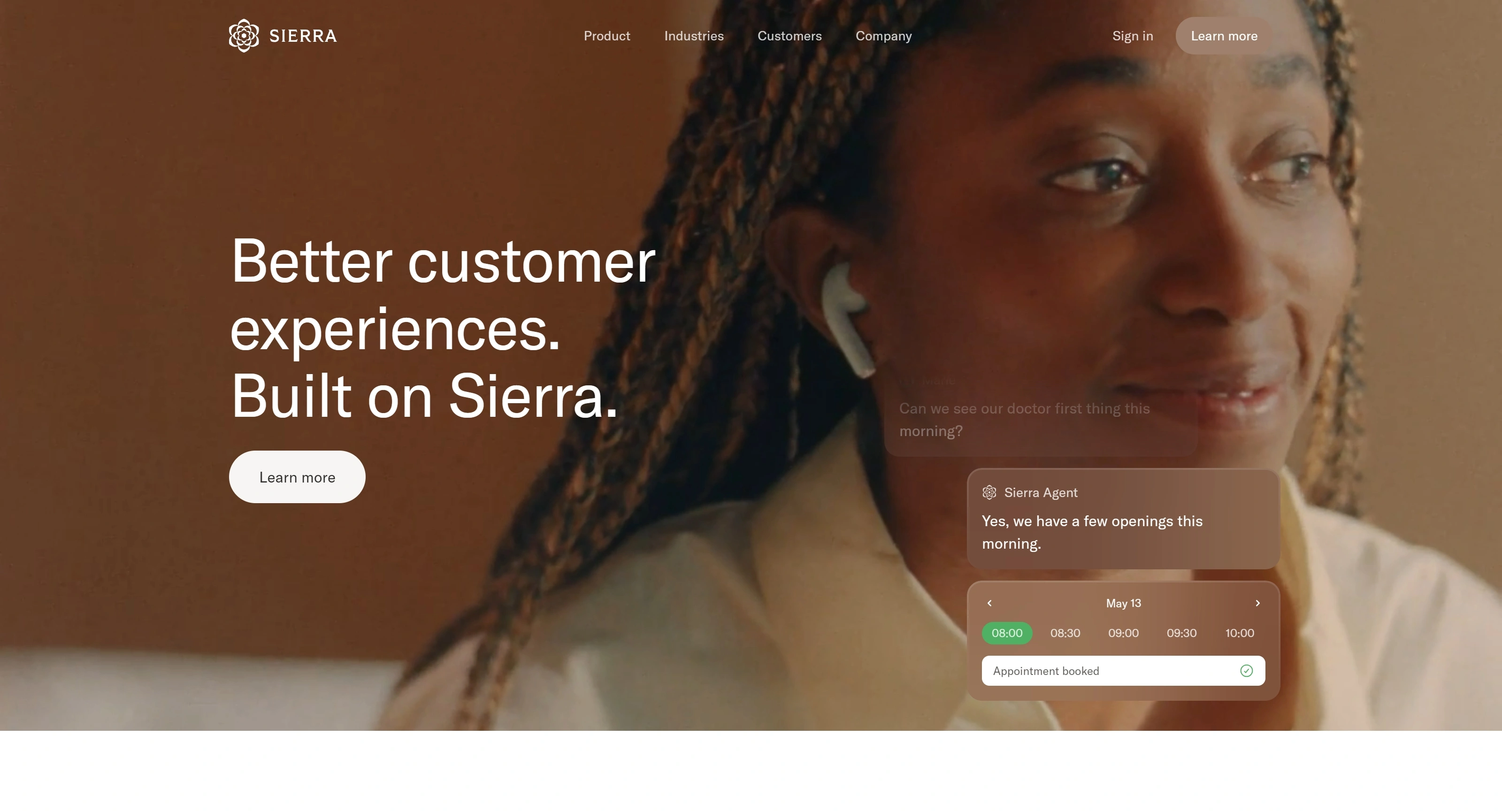 Sierra Секция «Первый экран» с сайта https://sierra.ai/, тематика — SaaS, цвета — Черный, Серый, Коричневый, стиль — Корпоративный, Минимализм, типографика — Без засечек