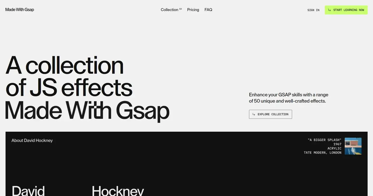 Секция «Первый экран» с сайта https://madewithgsap.com/, тематика — IT и программное обеспечение, цвета — Белый, Черный, стиль — Минимализм, типографика — Без засечек