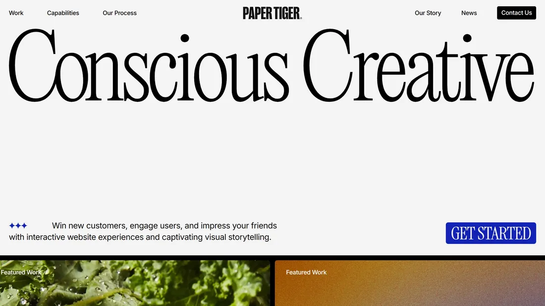 Секция «Призыв к действию» с сайта https://www.papertiger.com/, тематика — Дизайн, Агентство , цвета — Белый, Серый, стиль — Минимализм, Типографика, типографика — С засечками, Без засечек