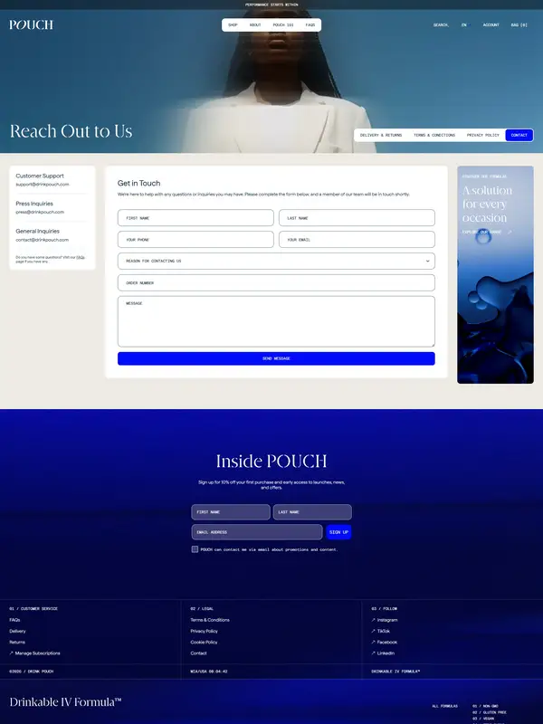 Контакты Drink POUCH, тематика — Еда и напитки, цвета — Белый, Черный, Серый, стиль — Корпоративный, Минимализм, типографика — Без засечек