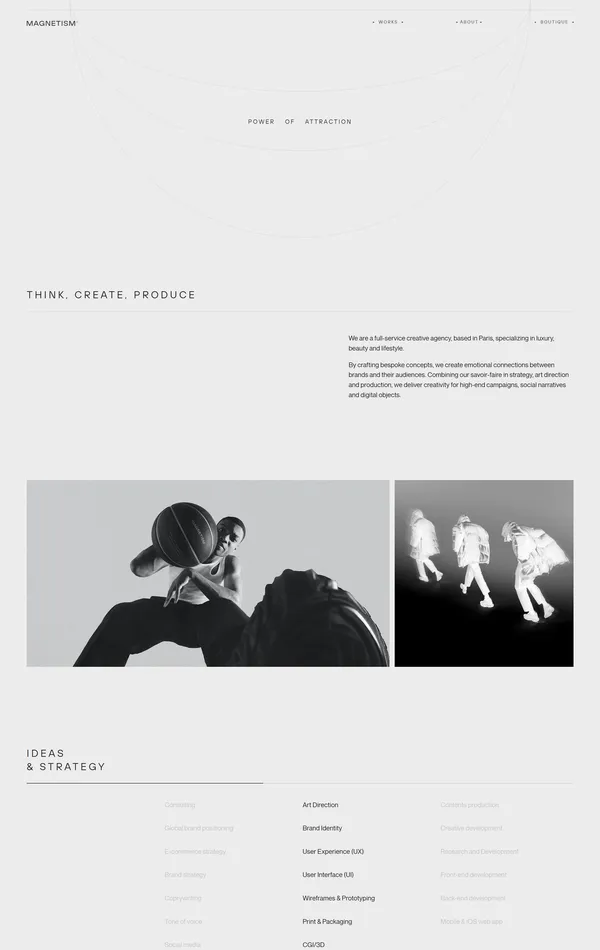 Страница о компании Magnetism, тематика — Дизайн, цвета — Белый, стиль — Корпоративный, Минимализм, типографика — Без засечек