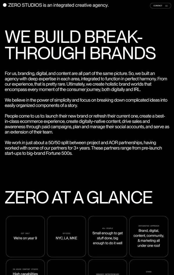 Страница о компании Zero Studios, тематика — Агентство , цвета — Черный, стиль — Минимализм, Типографика, типографика — Без засечек