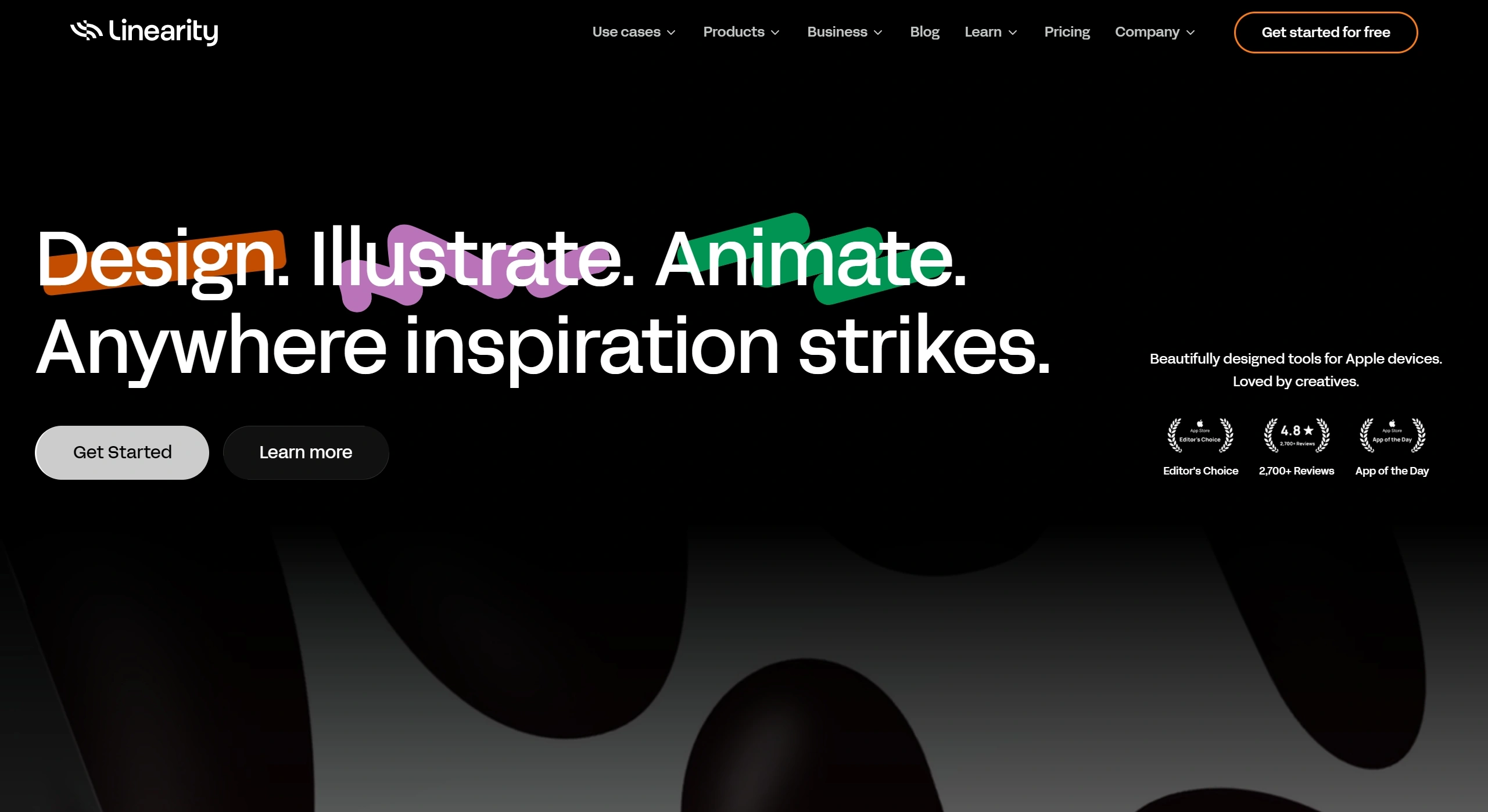 Linearity Секция «Первый экран» с сайта https://www.linearity.io/, тематика — Дизайн, цвета — Черный, стиль — Корпоративный, Минимализм, типографика — Без засечек, Декоративные