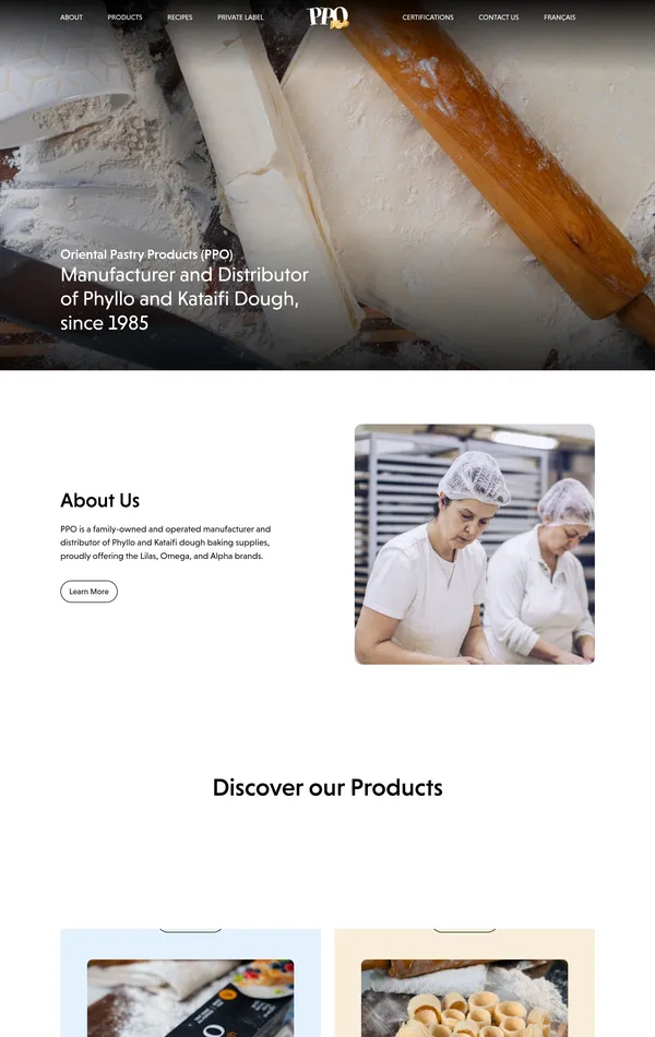 Главная Oriental Pastry Products, тематика — Еда и напитки, цвета — Белый, Серый, Желтый, стиль — Корпоративный, типографика — Без засечек