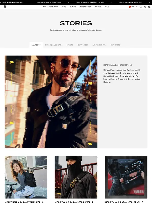 Блог Chrome Industries, тематика — Одежда, цвета — Белый, Черный, Серый, стиль — Карточный, Минимализм, типографика — Без засечек