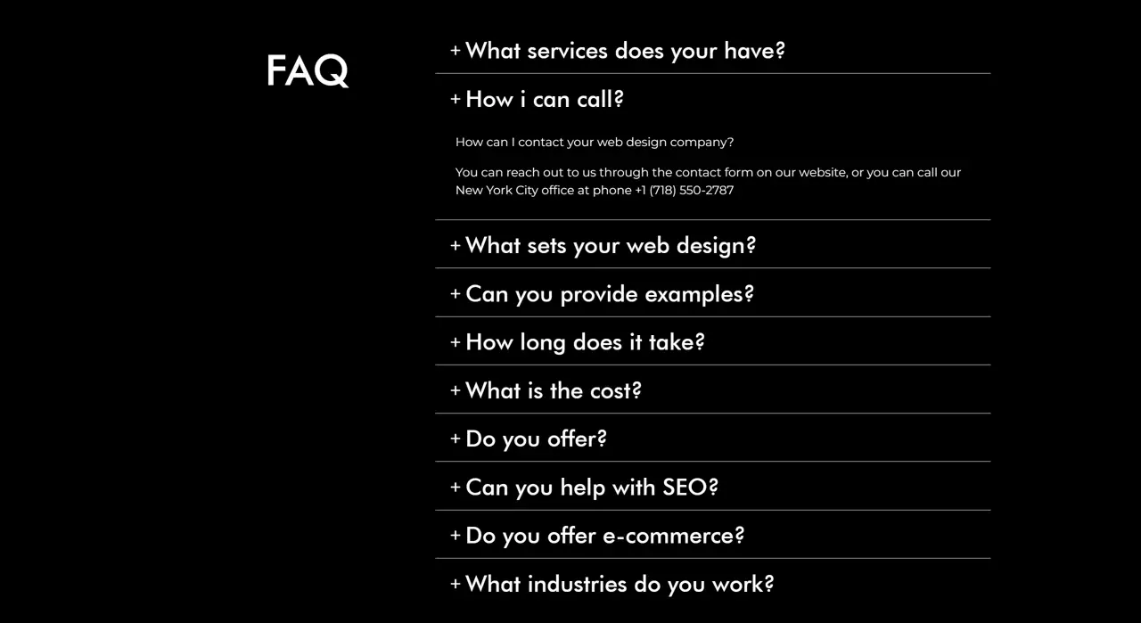 Секция «FAQ» с сайта https://unitedofweb.com/, тематика — IT и программное обеспечение, цвета — Черный, стиль — Минимализм, типографика — Без засечек