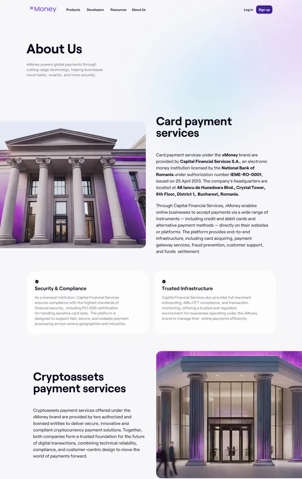 Страница о компании xMoney, тематика — Финансы, Крипто  и блокчейн, цвета — Белый, Серый, стиль — Корпоративный, Минимализм, типографика — Без засечек