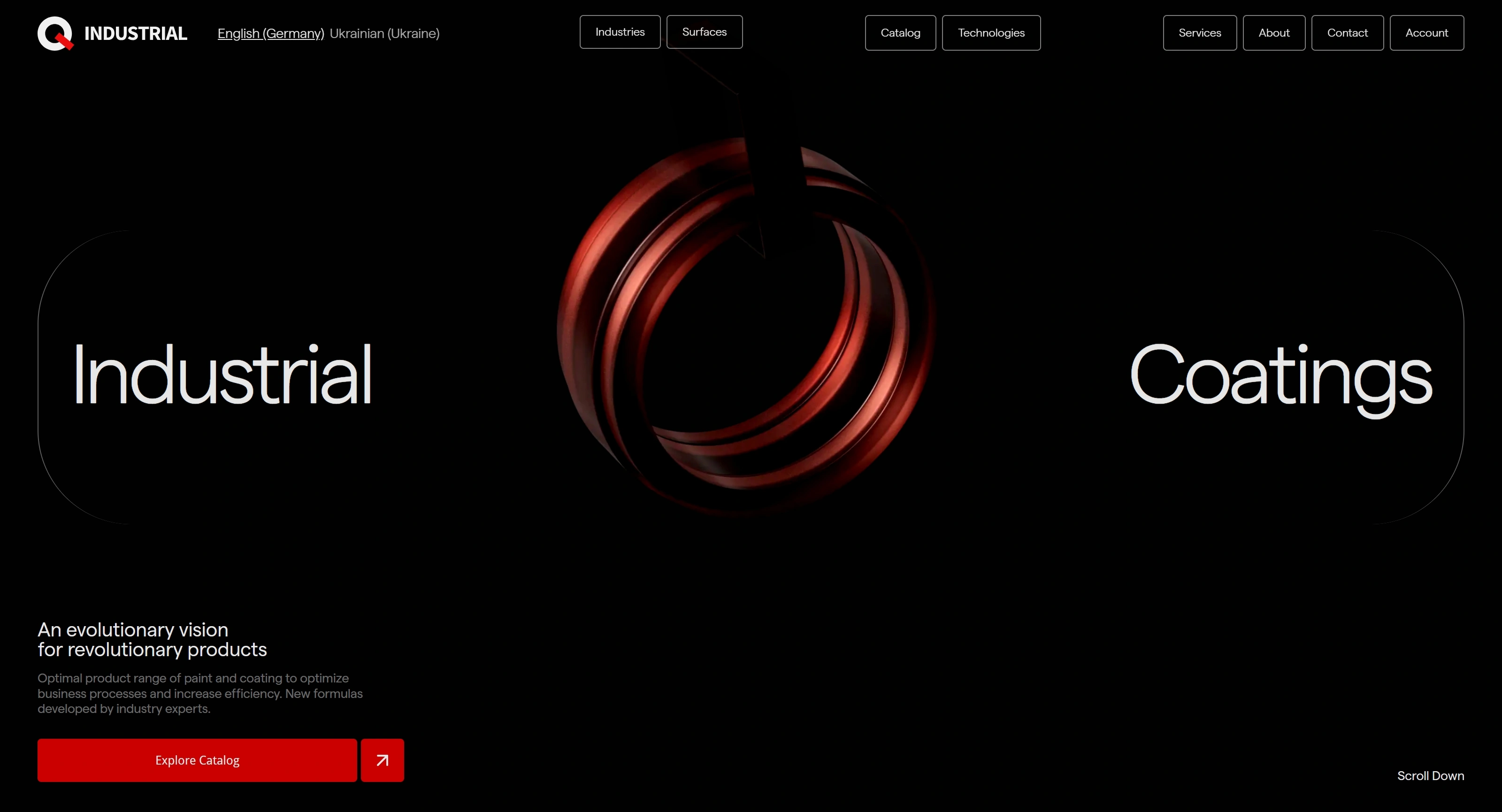 Q-Industrial Секция «Первый экран» с сайта https://www.q-industrial.com/en-de, тематика — Производство, цвета — Черный, стиль — Корпоративный, Минимализм, типографика — Без засечек