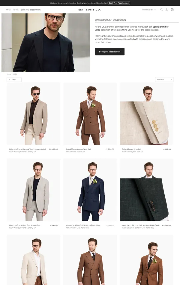 Каталог Suit Shop London, тематика — Одежда, цвета — Белый, Серый, стиль — Классический, типографика — Без засечек