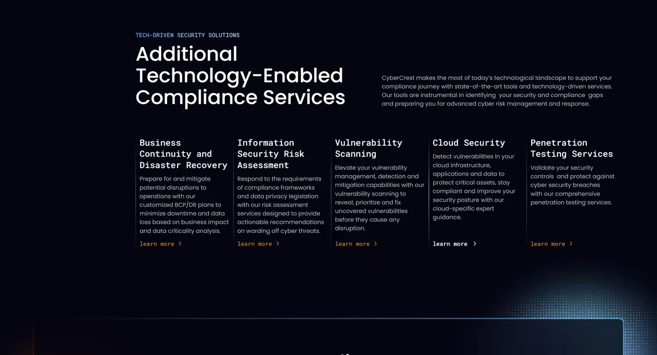 Секция «Услуги» с сайта https://www.cybercrestcompliance.com/, тематика — IT и программное обеспечение, цвета — Черный, стиль — Корпоративный, Минимализм, типографика — Без засечек