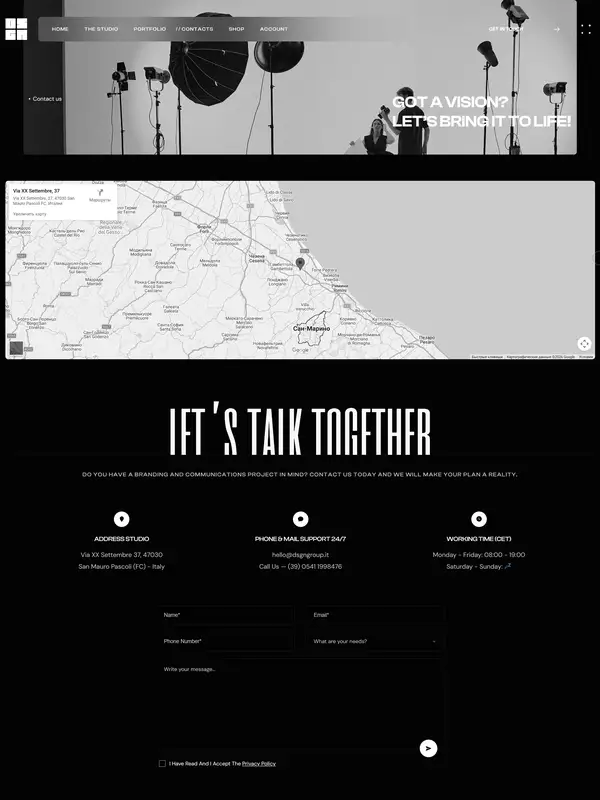 Контакты DSGN Group, тематика — Дизайн, цвета — Белый, Черный, Серый, стиль — Корпоративный, Минимализм, типографика — Без засечек, Декоративные