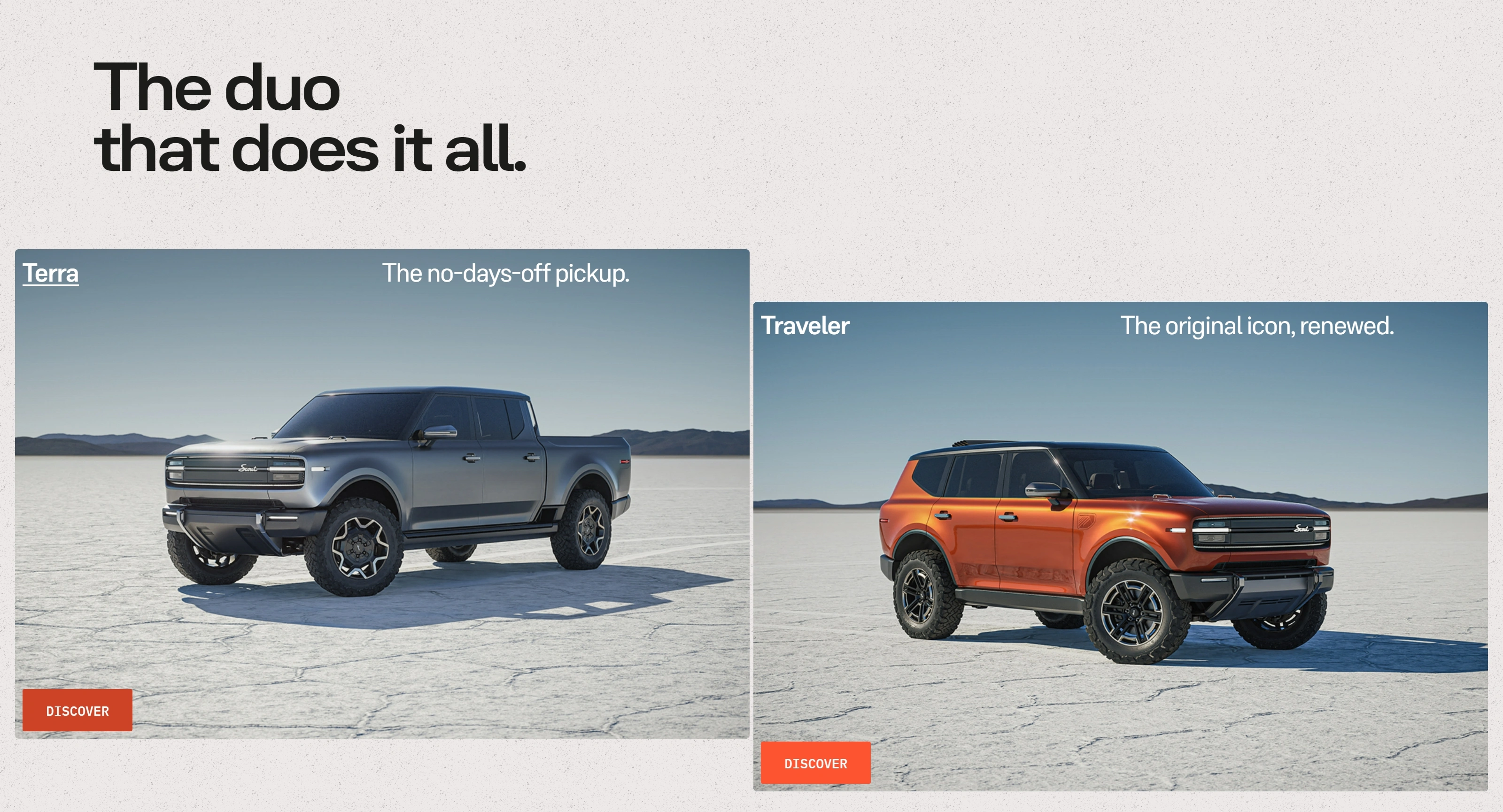 Scout Motors Секция «Товары» с сайта https://www.scoutmotors.com/, тематика — Другое, цвета — Белый, Серый, стиль — Карточный, Минимализм, типографика — Без засечек