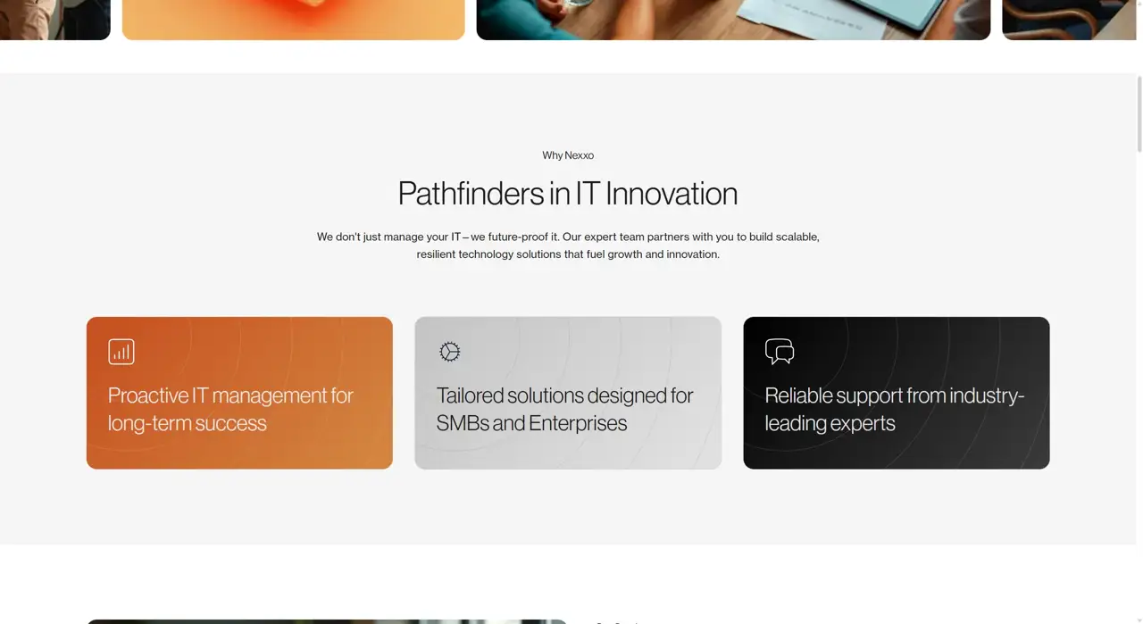 Секция «Услуги» с сайта https://nexxo.tech/en/, тематика — IT и программное обеспечение, цвета — Белый, Черный, Красный, стиль — Корпоративный, Карточный, Минимализм, типографика — Без засечек