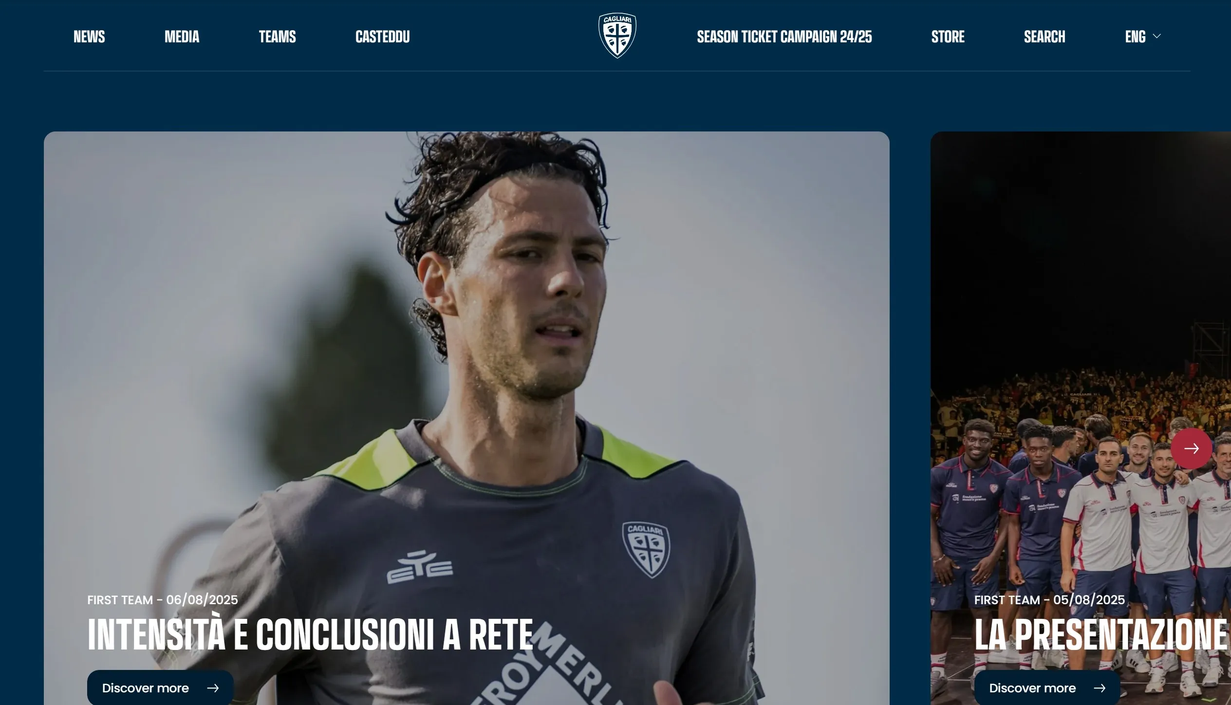 Cagliari Calcio Секция «Новости» с сайта https://cagliaricalcio.com/en/, тематика — Медиа, Мероприятия, цвета — Черный, Серый, стиль — Корпоративный, типографика — Без засечек