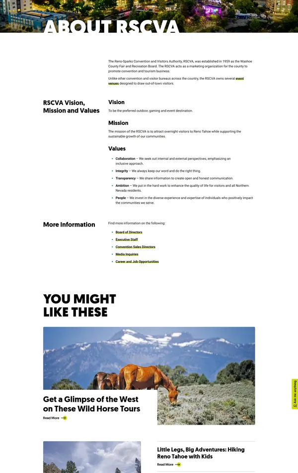 Страница о компании Visit Reno Tahoe, тематика — Путешествия и туризм, цвета — Белый, Серый, стиль — Корпоративный, типографика — Без засечек