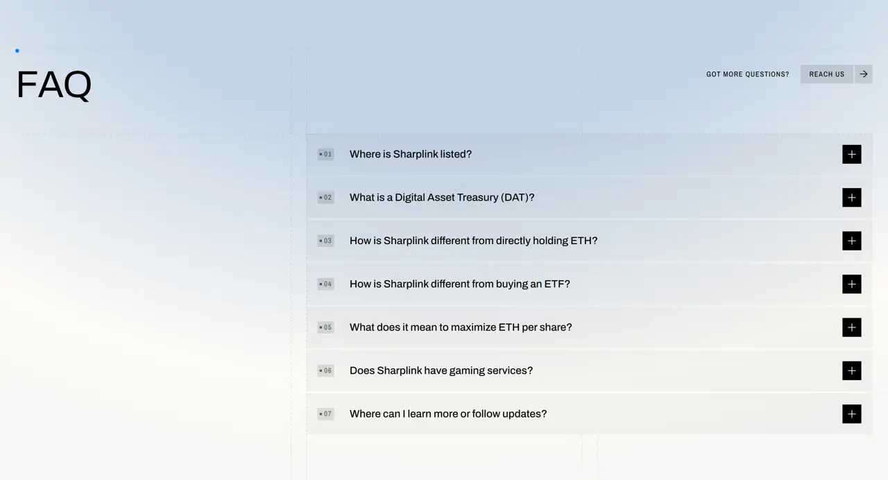Секция «FAQ» с сайта https://www.sharplink.com/, тематика — Крипто  и блокчейн, цвета — Белый, стиль — Корпоративный, Минимализм, типографика — Без засечек
